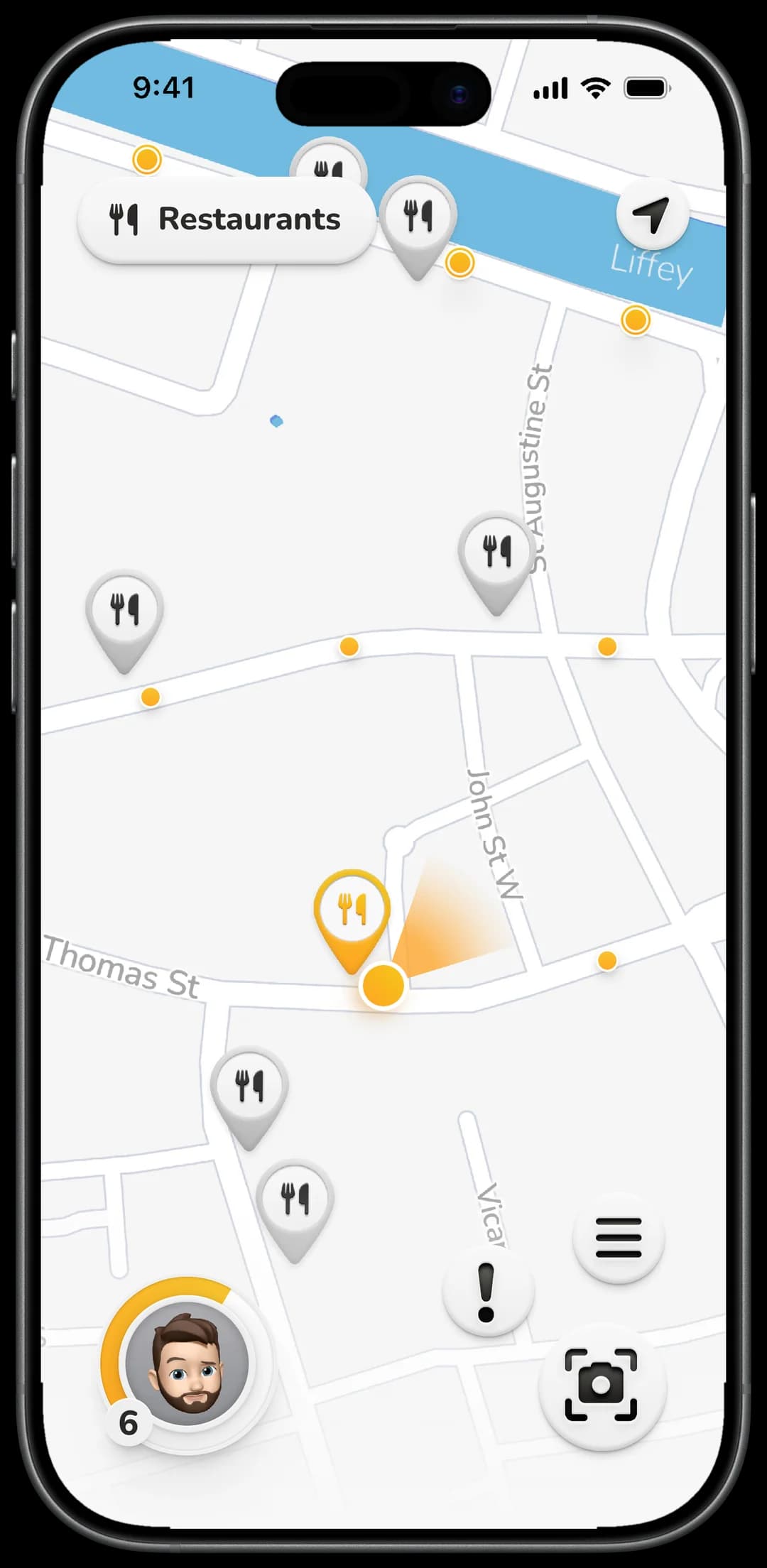 The Pulse map on an iPhone: a Restaurants filter pill, grey locked restaurant pins, one unlocked orange pin at the user's position by the Liffey, discovery dots along the streets, the level 6 avatar ring, and alert, menu and camera buttons.