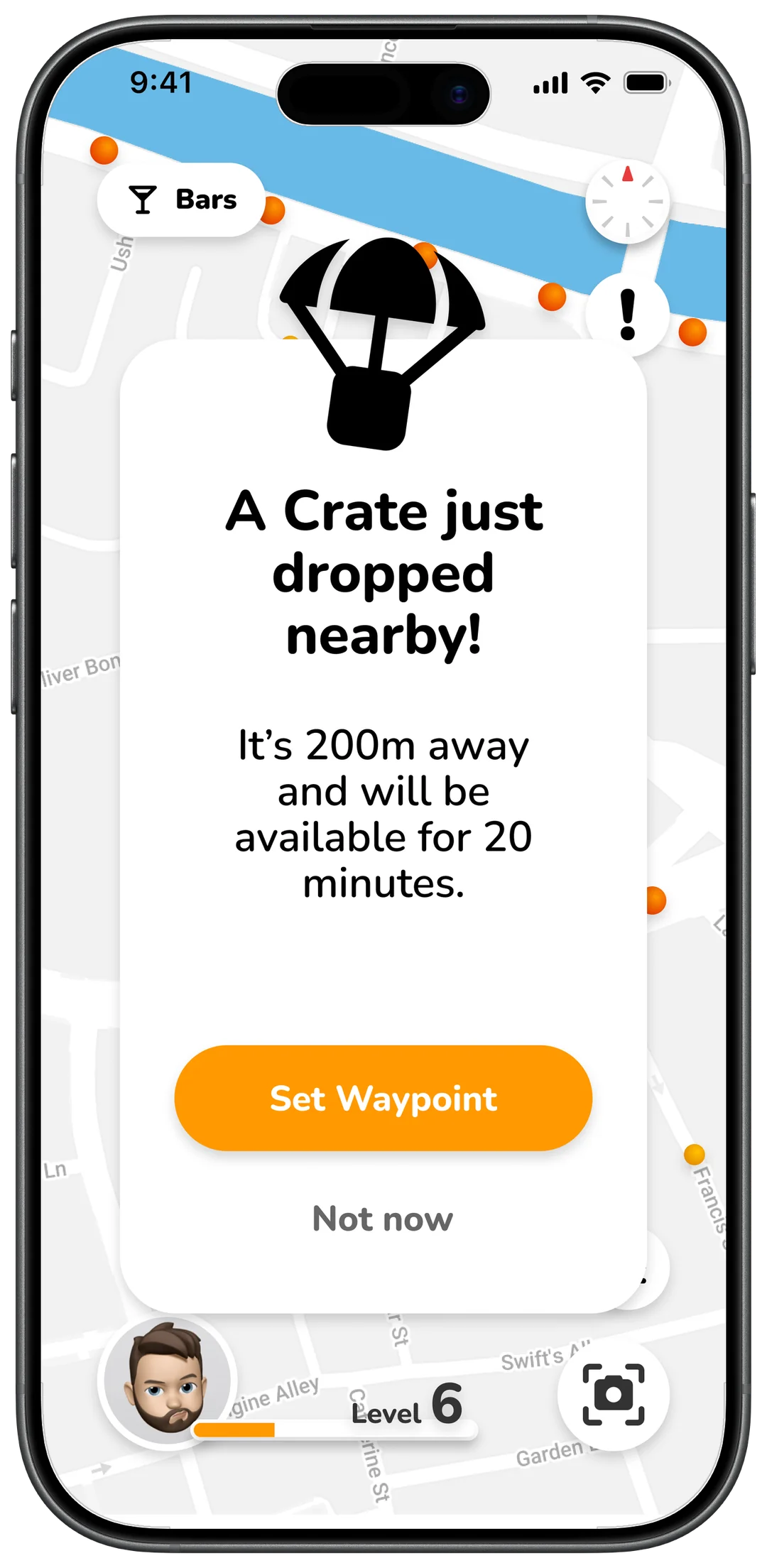 An earlier iteration of the crate drop on an iPhone: a modal over the map announcing A Crate just dropped nearby, 200m away and available for 20 minutes, with a Set Waypoint button and a Not now link.