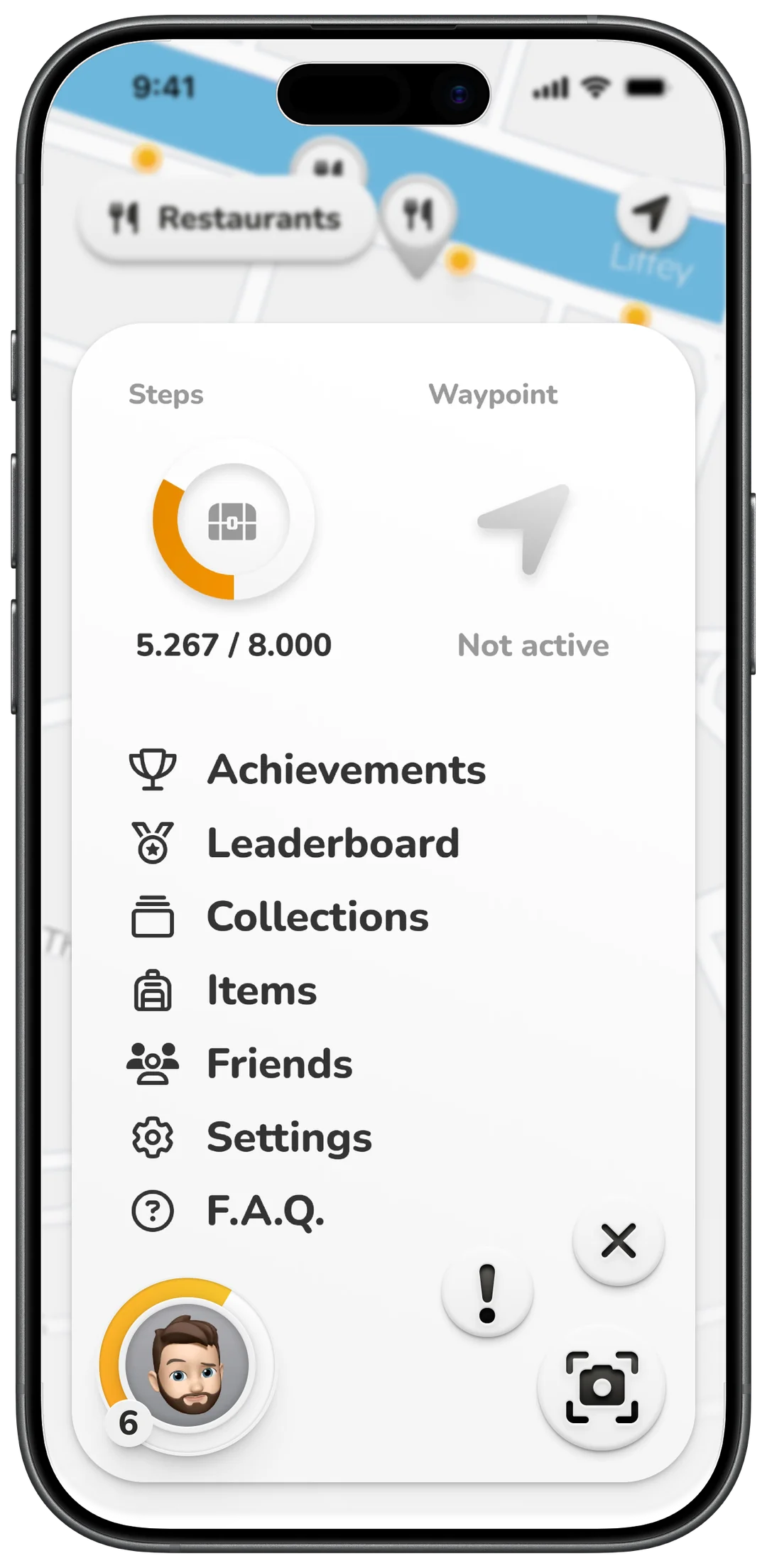 The Pulse quick menu over the blurred map: the step ring at 5.267 of 8.000 with a chest icon at its centre, an idle waypoint arrow reading Not active, and the sub-pages - Achievements, Leaderboard, Collections, Items, Friends, Settings, F.A.Q.