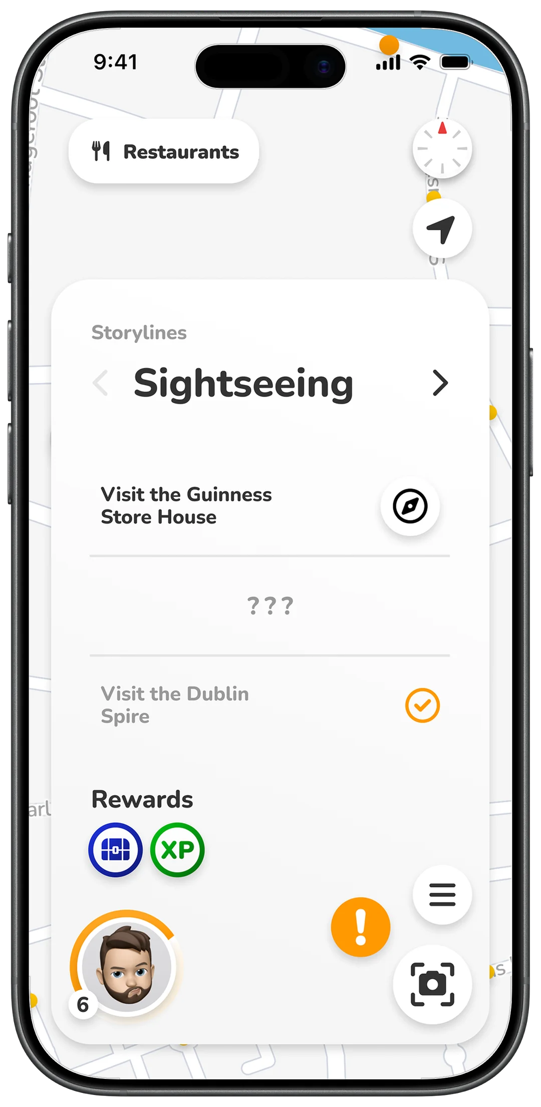 The Storylines sheet on an iPhone, from an earlier design pass: a Sightseeing questline with Visit the Guinness Store House as the next stop, a hidden stop shown as question marks, Visit the Dublin Spire completed and checked, and reward badges for a chest and XP.