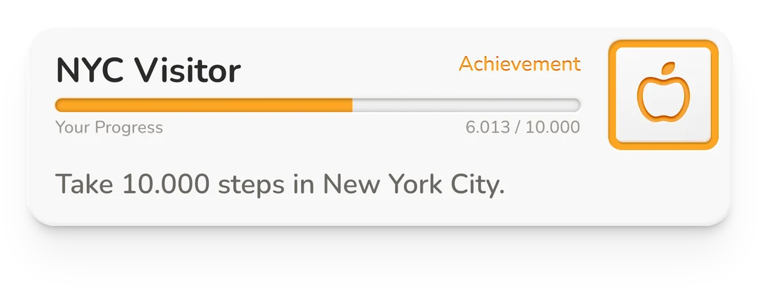 The NYC Visitor achievement card: take 10.000 steps in New York City, progress 6.013 of 10.000, with an apple icon.