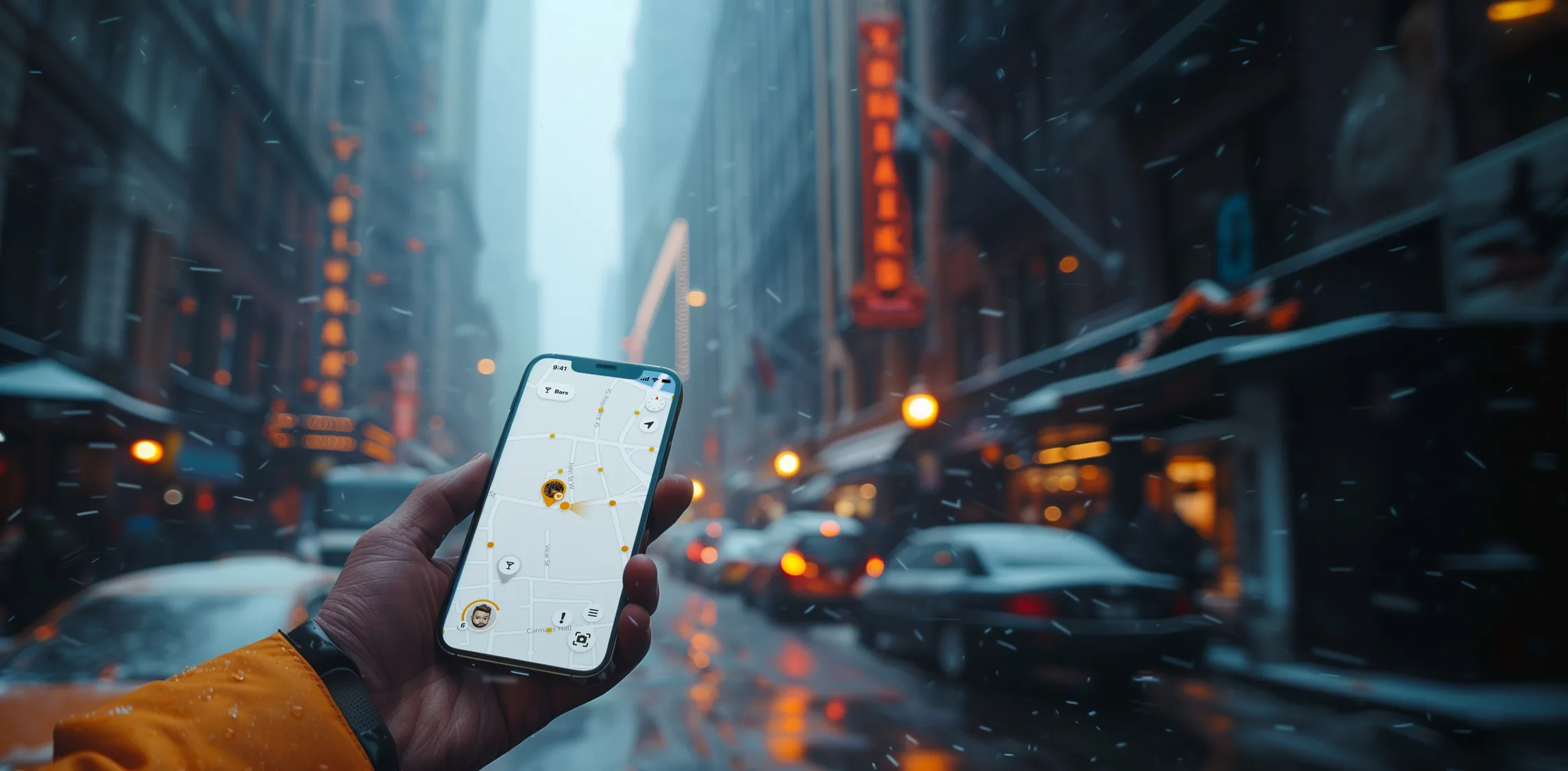 A hand in an orange raincoat holding a phone showing the Pulse map, in a snowy city street at night.