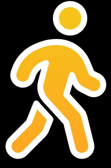 A die-cut sticker of an orange walking figure mid-stride, on a white sticker border.